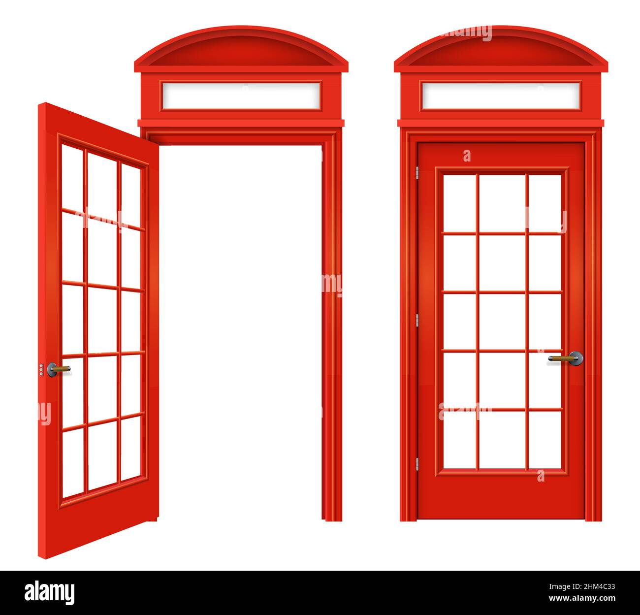 Red classic English telephone booth. Street of London. Facades. Transparency effect. Set Stock Vector