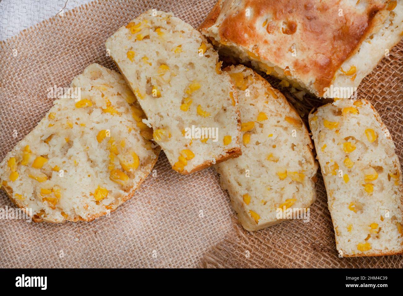 Mielie bread, a South African bread with whole sweetcorn on rustic farm