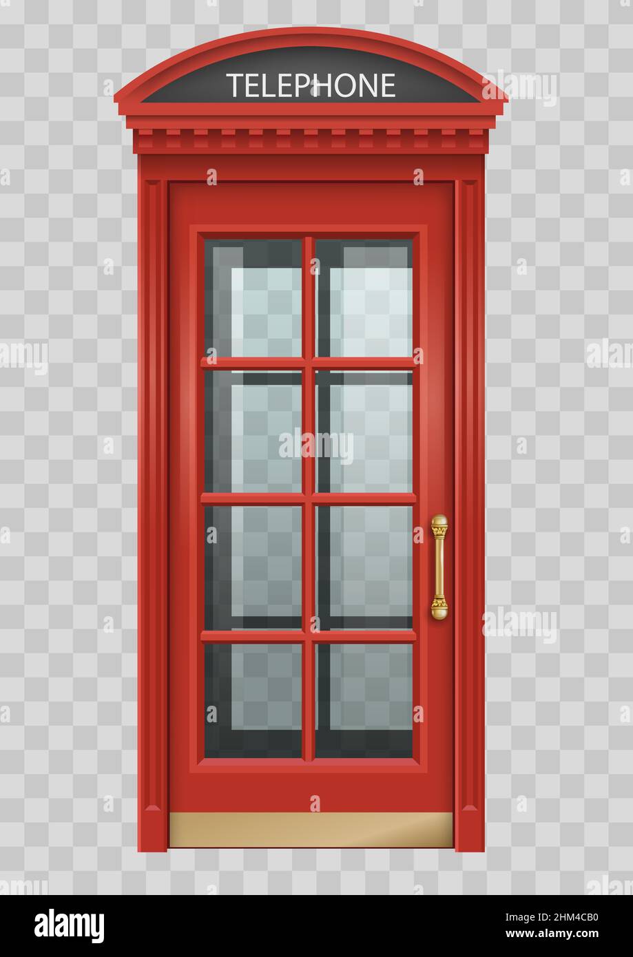 Red classic English telephone booth. Street of London. Facades. Transparency effect. Stock Vector