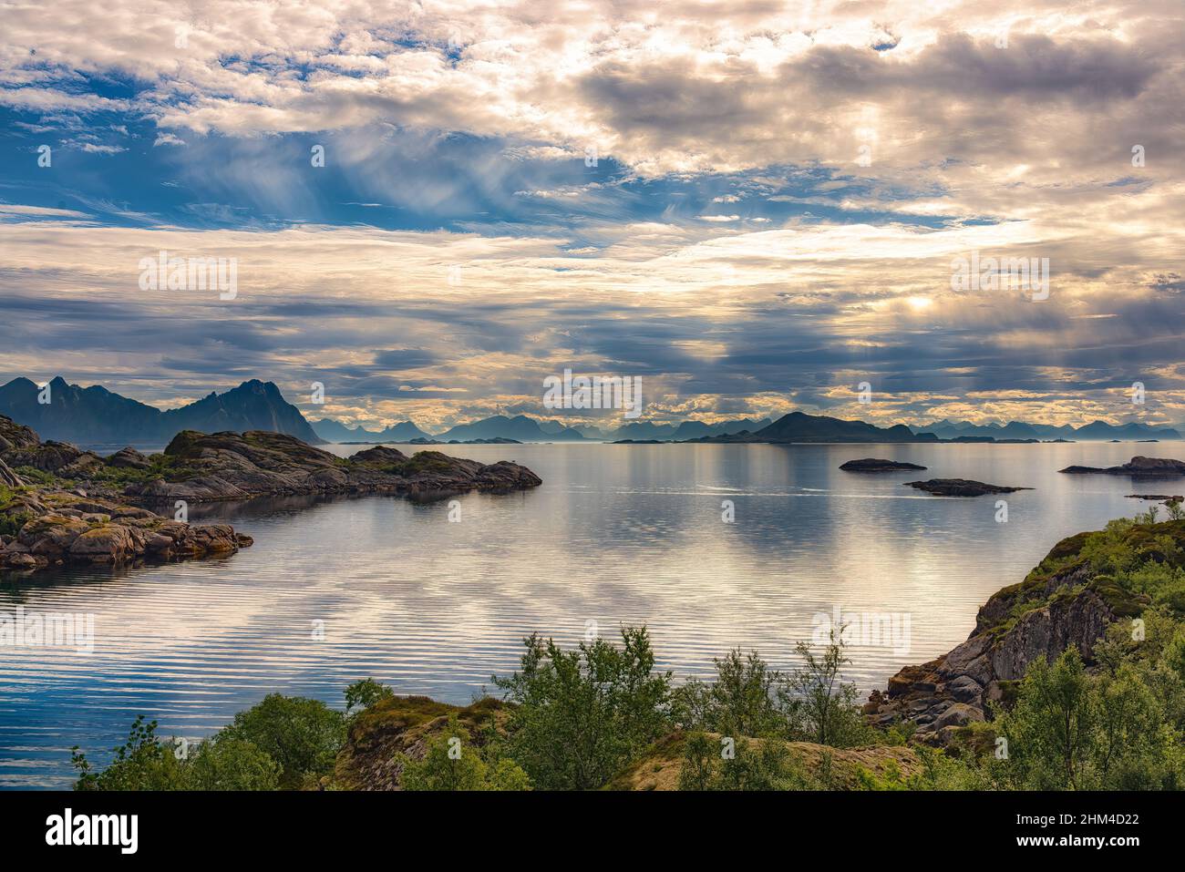 Lofoten coastline near Svolvaer, Norway. Lofoten archipelago is known for a distinctive scenery with dramatic mountains and peaks Stock Photo