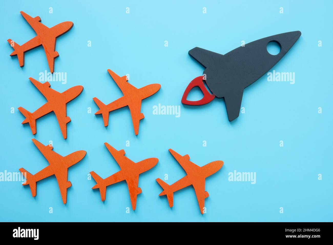 Tiny planes and rocket as symbol of Competitive Advantage. Stock Photo