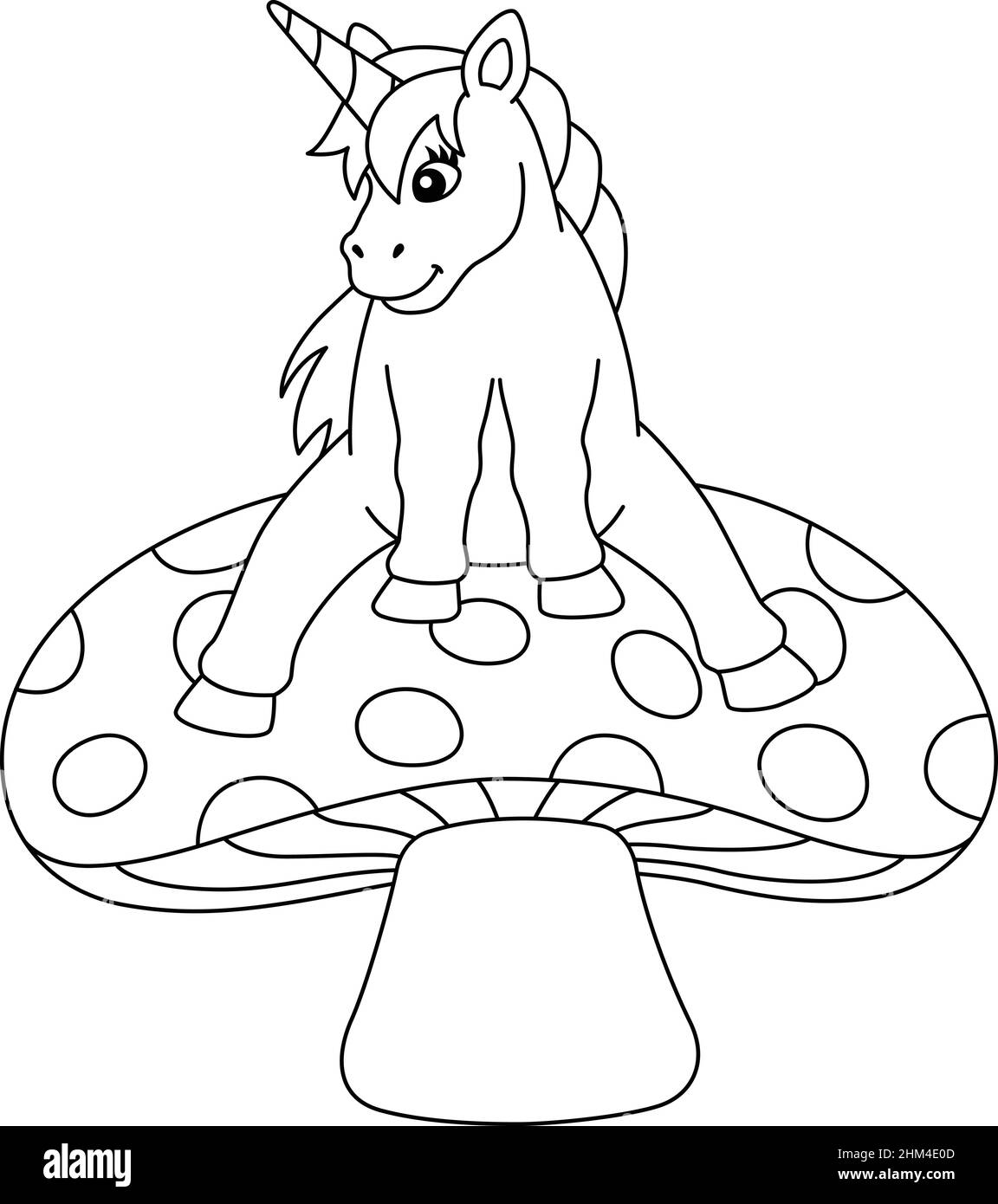 Unicorn Sitting On A Mushroom Coloring Isolated  Stock Vector
