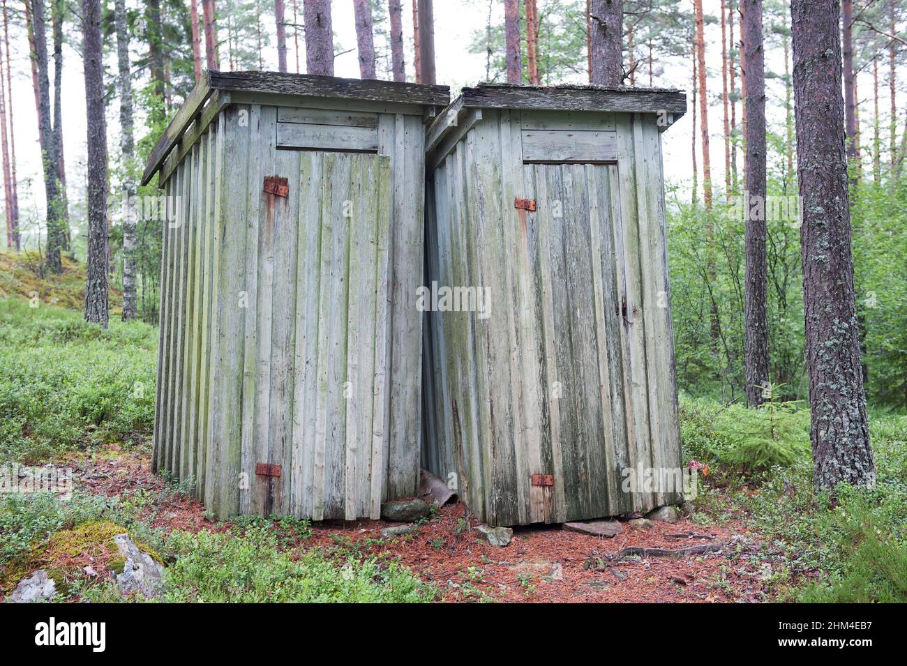 Two old wooden toilets in the forest Stock Photo