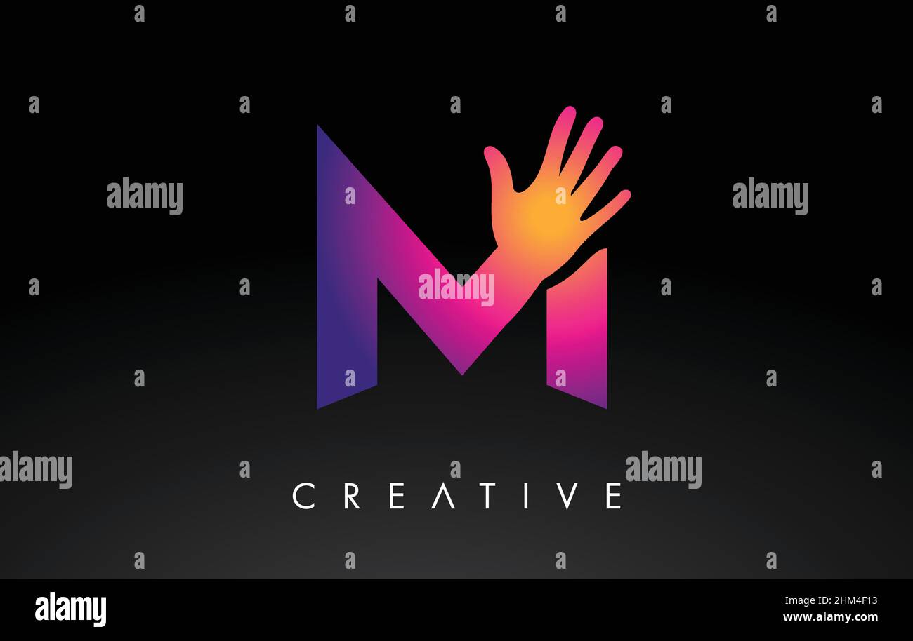 Purple Letter M Logo with Hand Vector Icon Illustration. Creative Hand ...