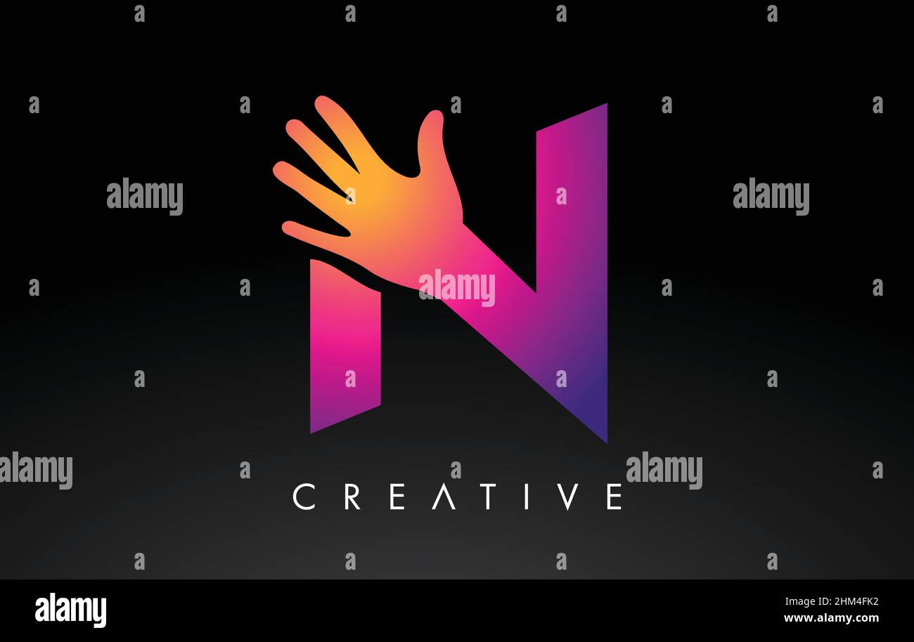 Purple Letter N Logo with Hand Vector Icon Illustration. Creative Hand ...
