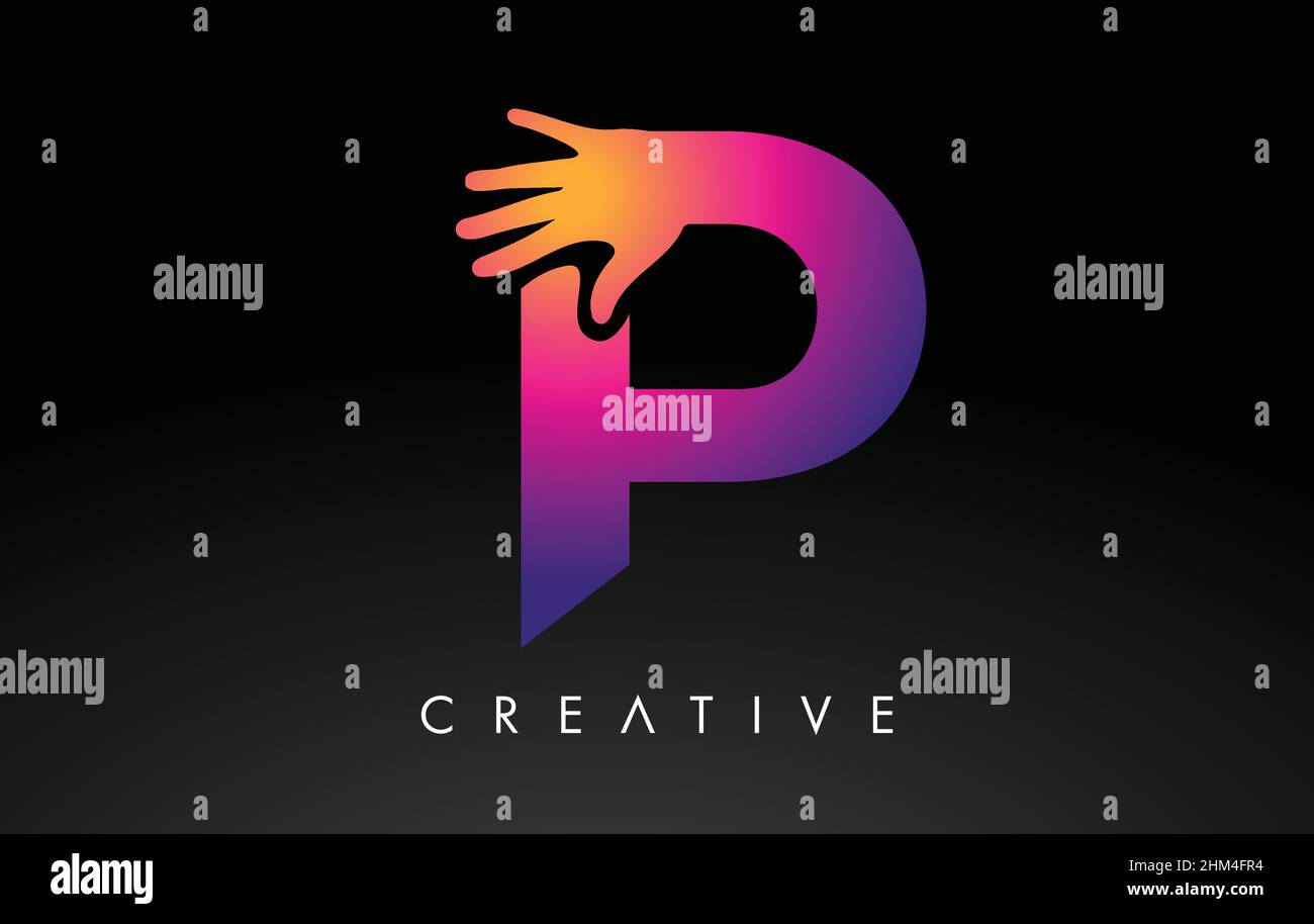 Purple Letter P Logo with Hand Vector Icon Illustration. Creative Hand ...