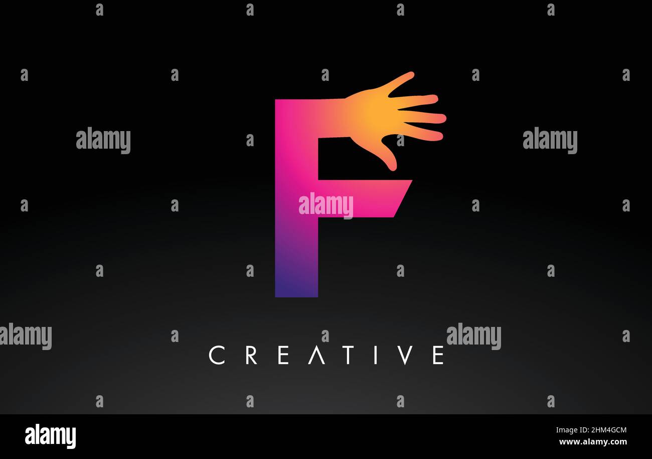 Purple Letter F Logo with Hand Vector Icon Illustration. Creative Hand Logo Letter in Black and purple with hand silhouette. Stock Vector