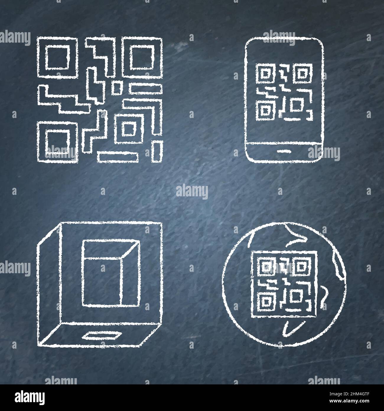 QR codes and qrcode scanner icon set on chalkboard. Vector illustration