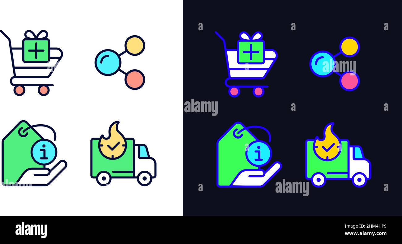 Buying products on internet pixel perfect light and dark theme color icons set Stock Vector