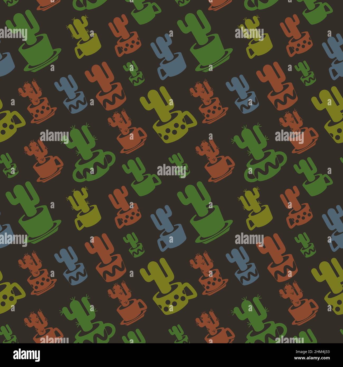Seamless pattern with diagonal simple drawing cactus silhouette in cups and pots on dark background Stock Vector