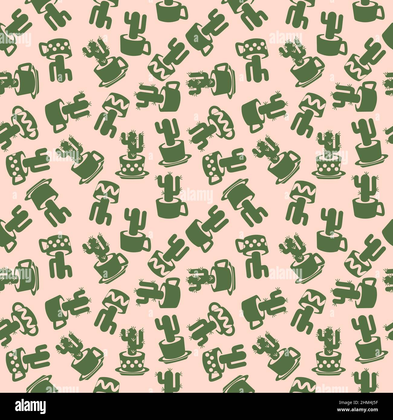 Seamless pattern with simple colored drawing cactus silhouette in cups and pots Stock Vector