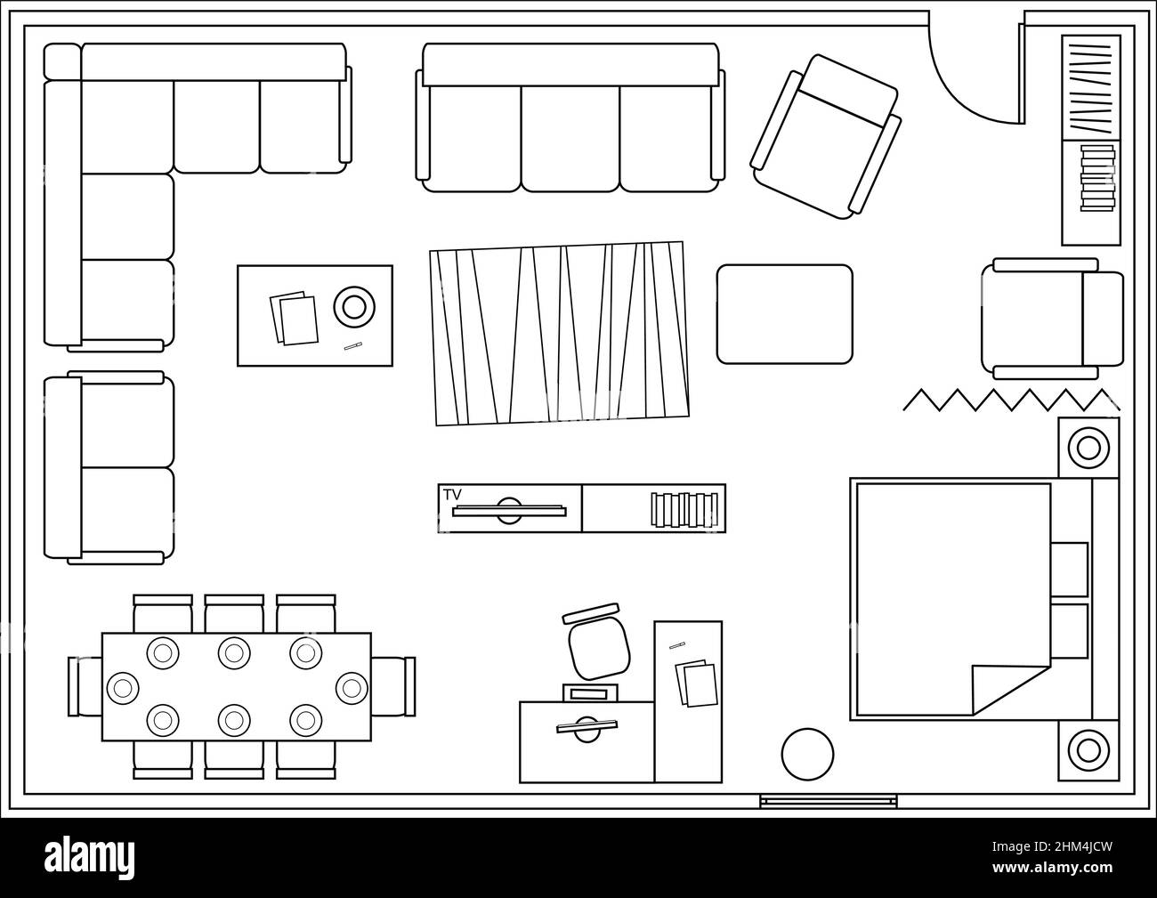 Set of icons for architectural plans. Drawing furniture living room, bedroom, dining room. Vector graphics Stock Vector
