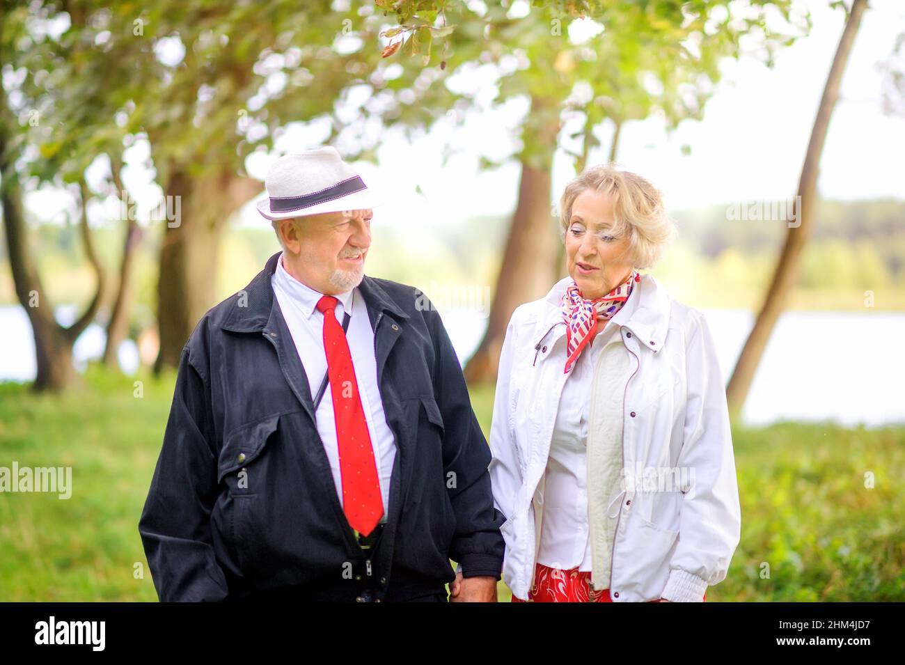 happy elderly couple walking in the park at sunset Stock Photo