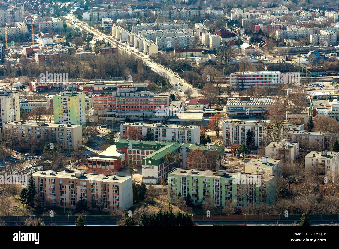 12.05.2022.-Tatabanya, Hungary: Industrial city of Tatabanya from above with block of flats Stock Photo
