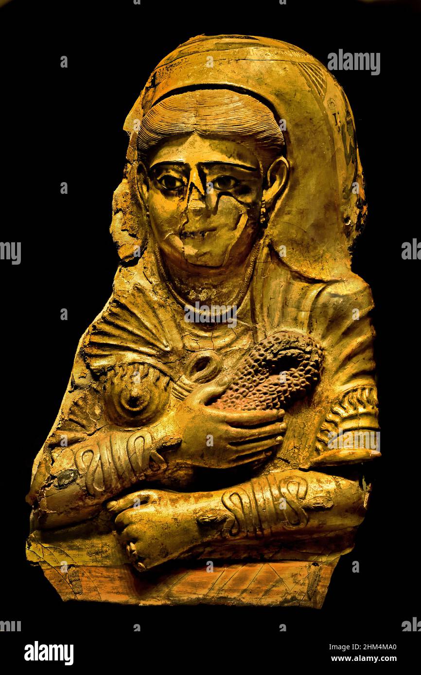 Roman female mummy mask, limestone, Roman Period, 2nd Cent AD, Hawara, Egyptian Museum,  Egypt (Museo Egizio di Torino Italy) Stock Photo