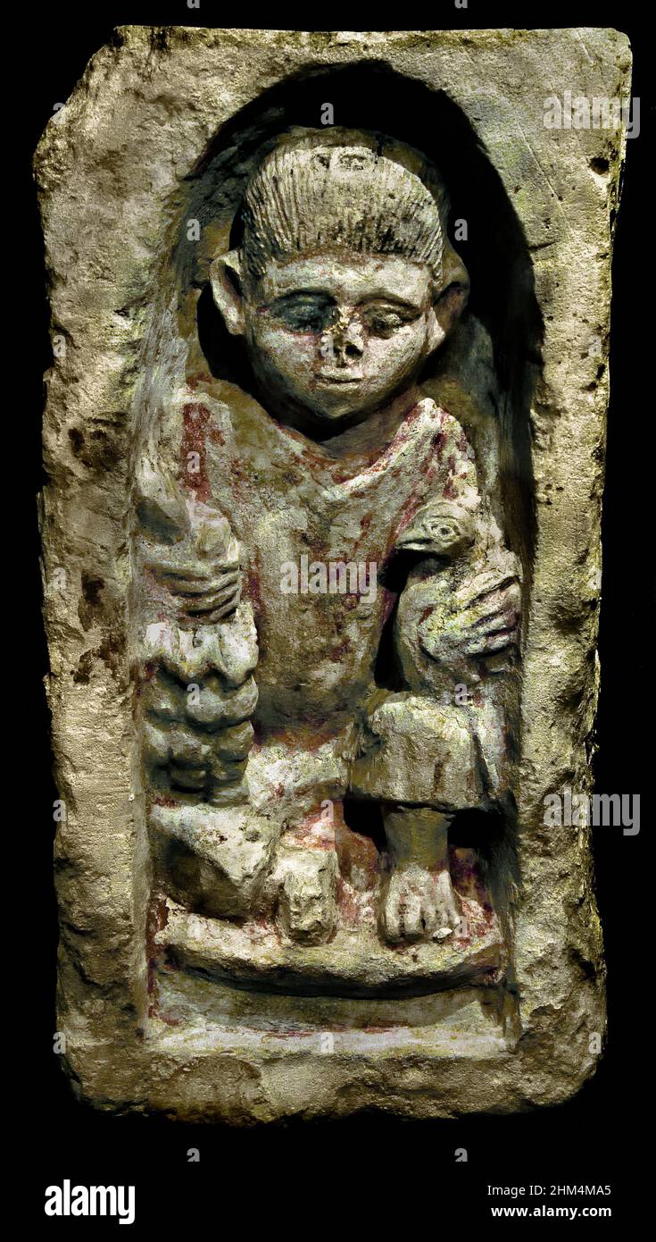 Funerary stela of a boy shown holding a dove and a bunch of grapes,  Stone / limestone, 54.5 x 27.6 x 12.5 cm, 300–395 CE, 4th century AD, Antinoe, Late Roman Period,   Egypt (Museo Egizio di Torino Italy) Stock Photo