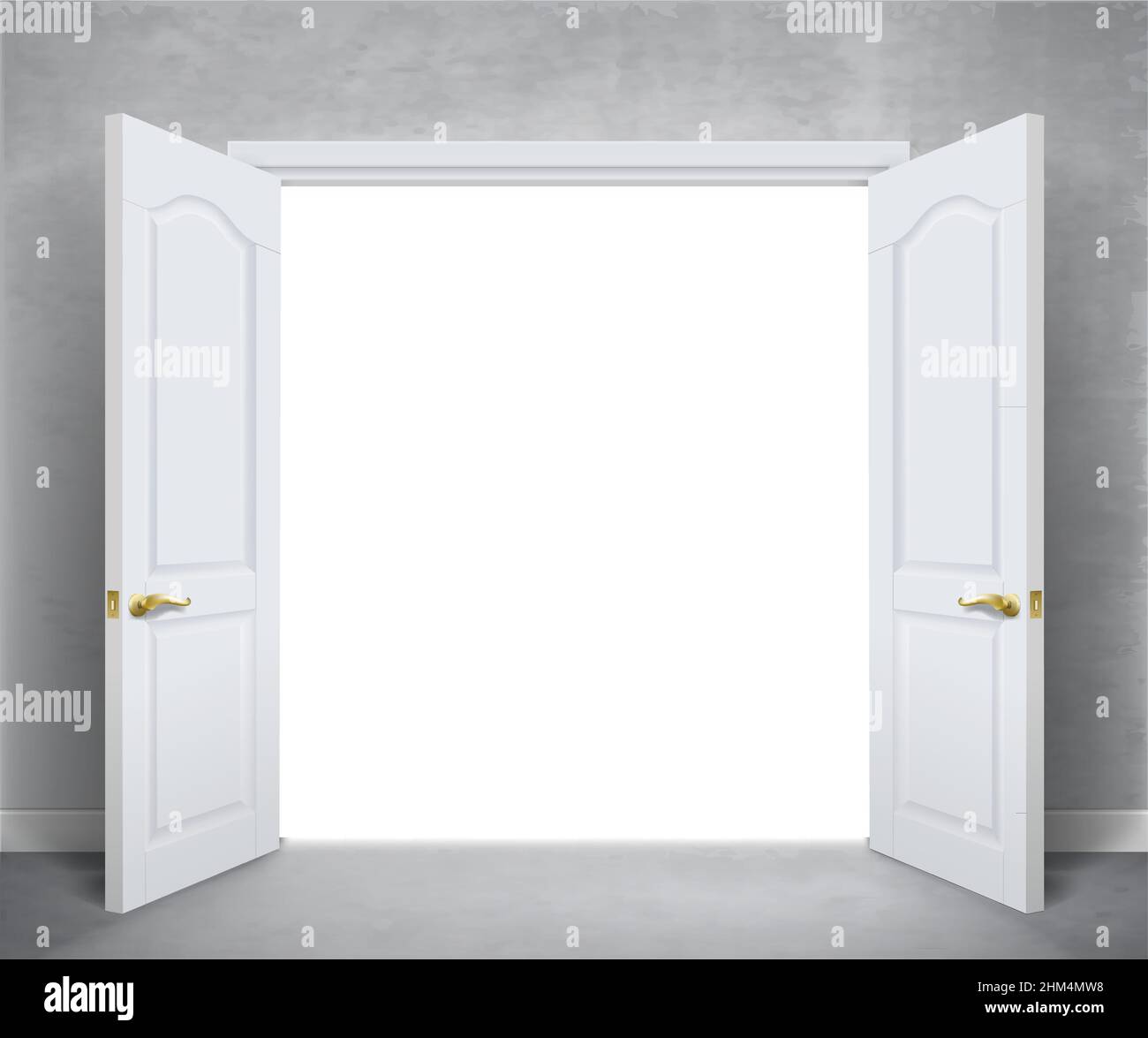 Open white double doors. Background in vector graphic. White wall Stock Vector