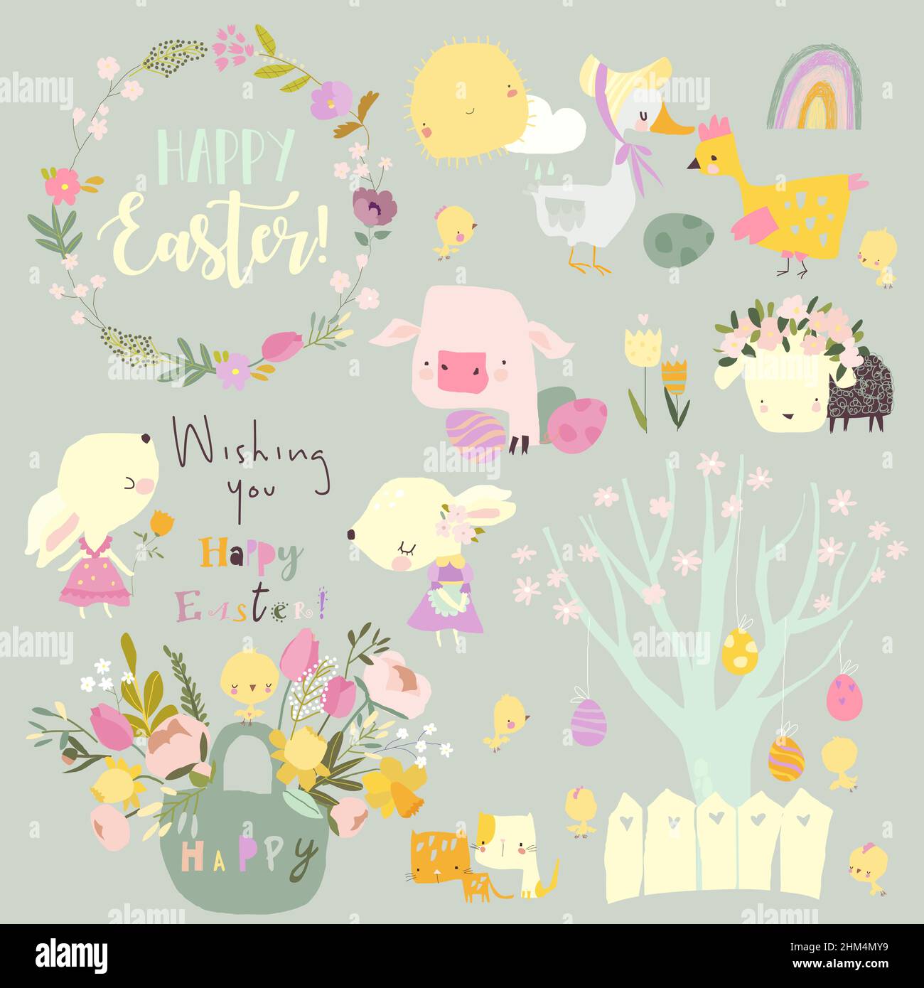 Cartoon Easter Set with Rabbits, Farm Animals and Flowers Stock Vector
