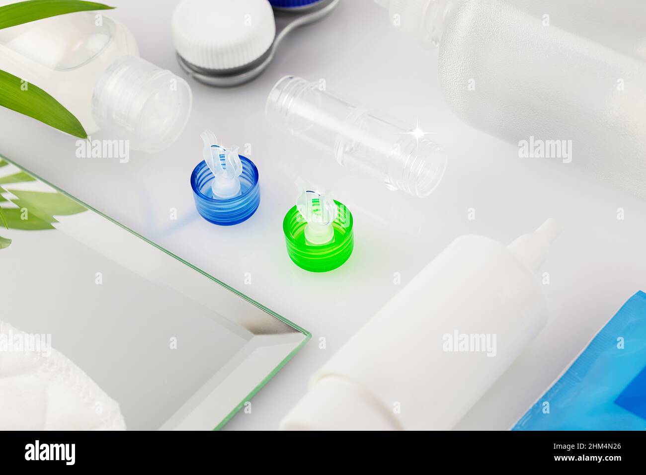 Contact lens kit with bottle of lens solution, Container, case and eye