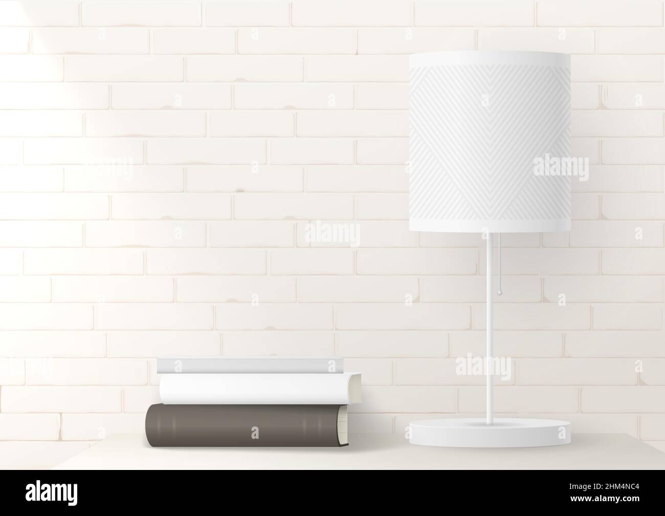 Mockup with a bright lamp on a brick wall. The interior is loft-style. Background in vector graphic. Books on the dresser in a bright room. Stock Vector