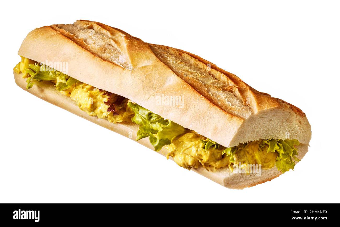 sub sandwich with chicken curry spread and lettuce isolated on white. Stock Photo