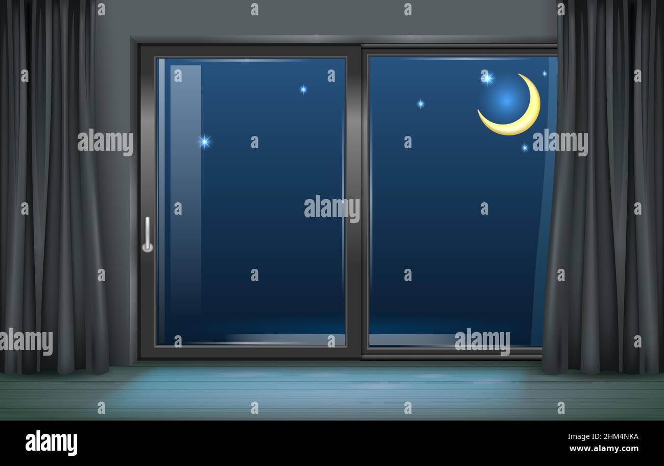 Modern interior with panoramic window and night view. Stock Vector