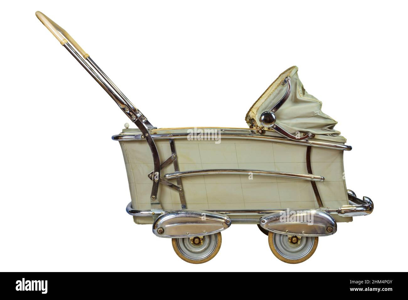 Side view of a vintage off white baby pram isolated on a white background Stock Photo