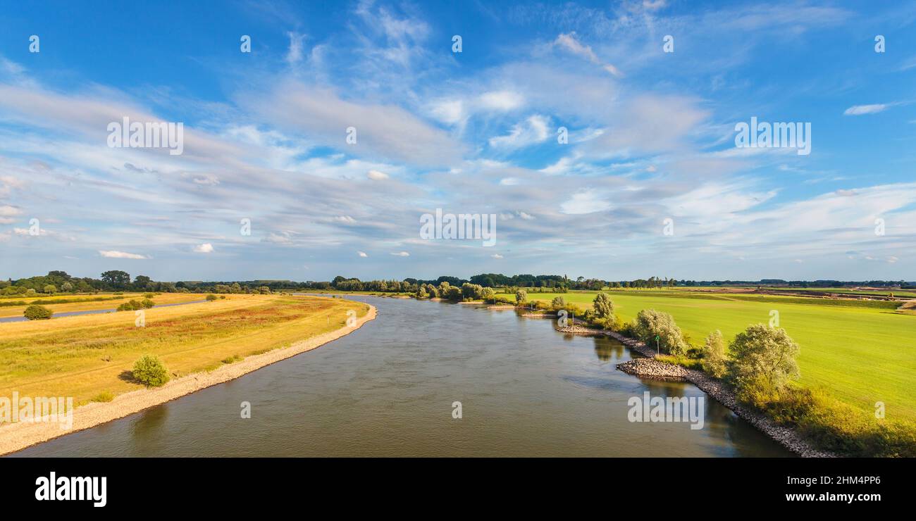Panoramic image of the old Dutch river IJssel in the province of Gelderland Stock Photo