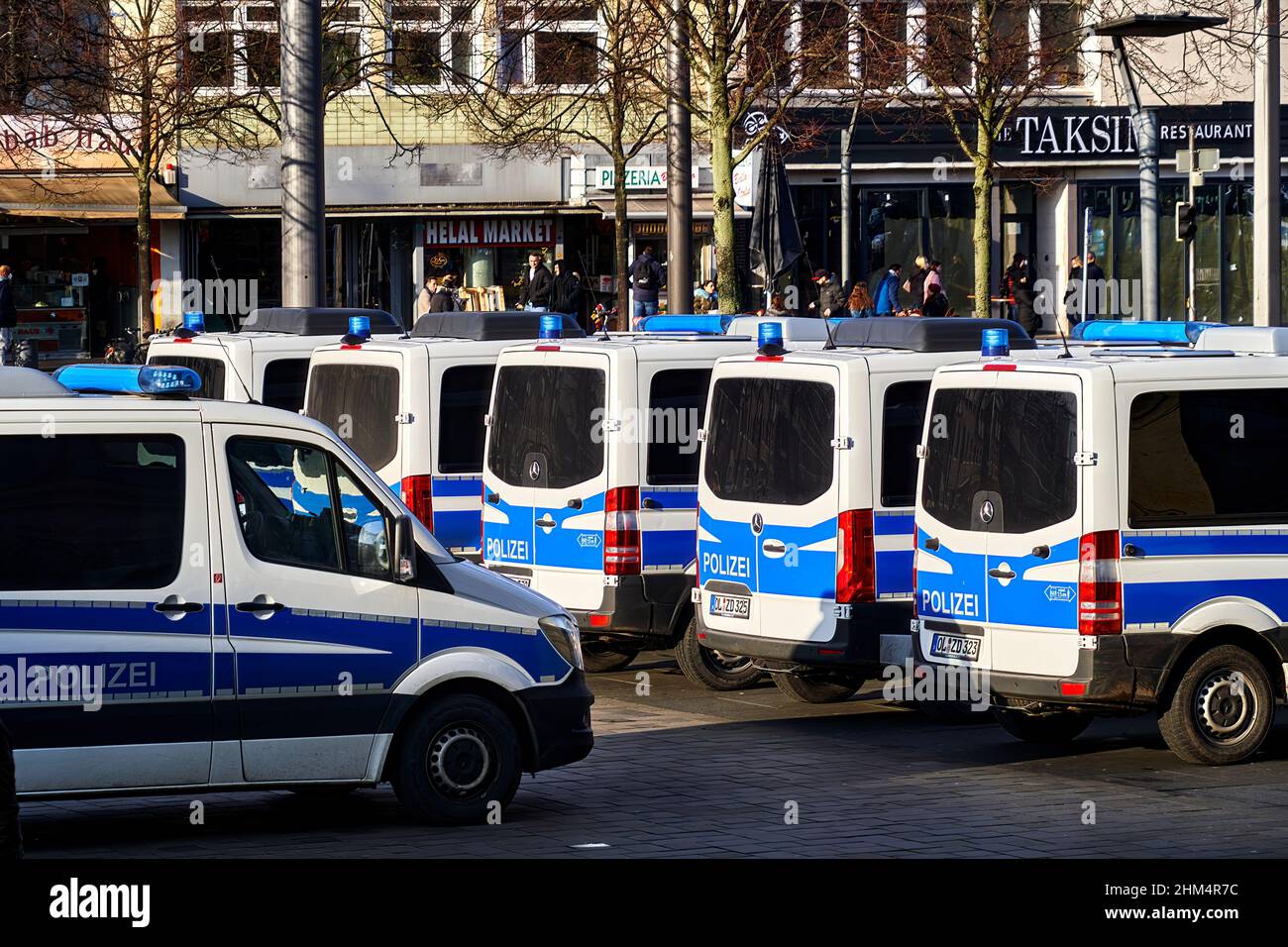 Braunschweig, Germany, January 8, 2022: Back view of a German police cars,  Mercedes-Benz blue and white painted vans, parked on the pavement and manne  Stock Photo - Alamy