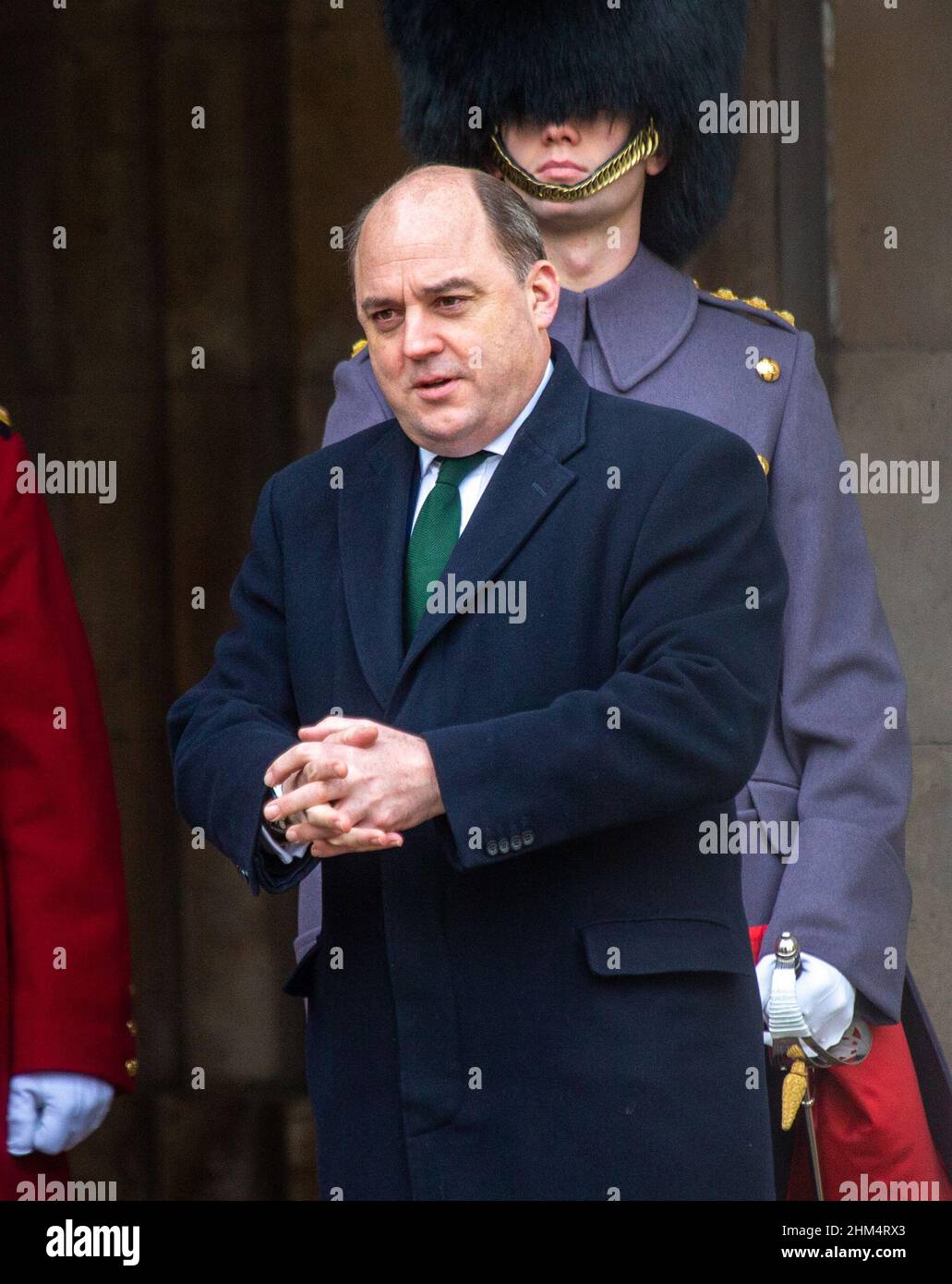 London, England, UK. 7th Feb, 2022. UK Secretary of State for Defence BEN  WALLACE is seen with Poland Minister of National Defence MARIUSZ BLASZCZAK  in Whitehall after they greet soldiers in a