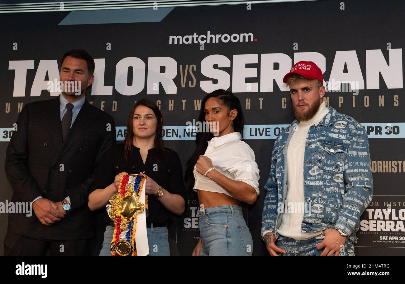 The Leadenhall Building, UK. 07th Feb, 2022. Eddie Hearn chairman, Matchroom Sport (left) Katie Taylor undisputed World Lightweight champion, Amanda Serrano seven-weight World champion and Jake Paul co-founder of Most Valuable Promotions, professional boxer and content creator during the press conference ahead of the Katie Taylor v Amanda Serrano fight at Madison Square Gardens in April 2022, at Landing Forty Two, The Leadenhall Building, England on the 7 February 2022. Photo by Alan Stanford. Credit: PRiME Media Images/Alamy Live News Stock Photo