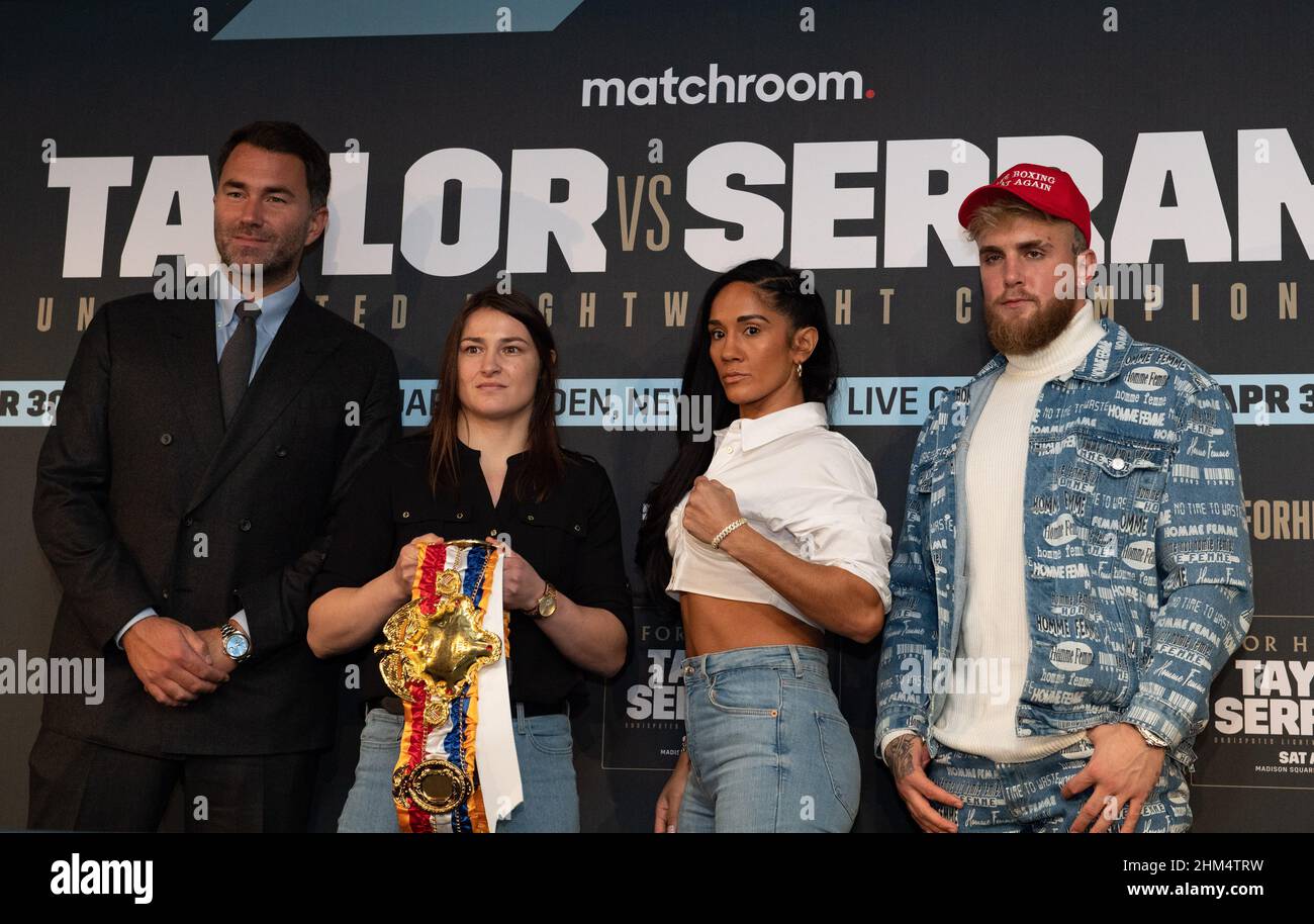 The Leadenhall Building, UK. 07th Feb, 2022. Eddie Hearn chairman, Matchroom Sport (left) Katie Taylor undisputed World Lightweight champion, Amanda Serrano seven-weight World champion and Jake Paul co-founder of Most Valuable Promotions, professional boxer and content creator during the press conference ahead of the Katie Taylor v Amanda Serrano fight at Madison Square Gardens in April 2022, at Landing Forty Two, The Leadenhall Building, England on the 7 February 2022. Photo by Alan Stanford. Credit: PRiME Media Images/Alamy Live News Stock Photo