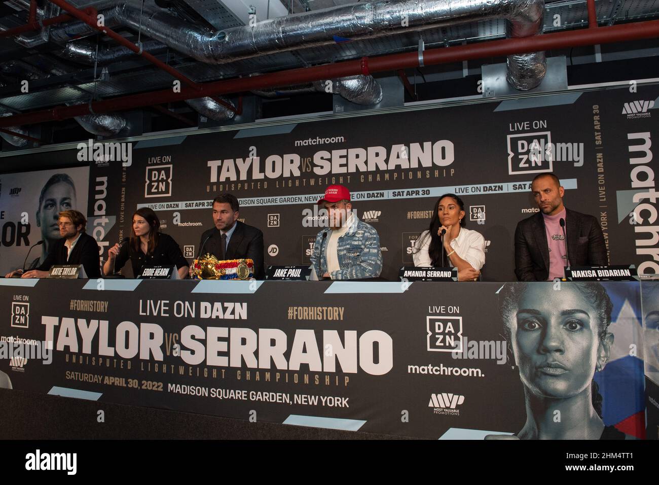 (left) to (right) Joseph Markowski EVP, DAZN, Katie Taylor undisputed World Lightweight champion, Eddie Hearn chairman, Matchroom Sport, Jake Paul co-founder of Most Valuable Promotions, professional boxer and content creator, Amanda Serrano seven-weight World champion and Nakisa Bidarian co-founder of Most Valuable Promotions during the press conference ahead of the Katie Taylor v Amanda Serrano fight at Madison Square Gardens in April 2022, at Landing Forty Two, The Leadenhall Building, England on the 7 February 2022. Photo by Alan Stanford. Stock Photo