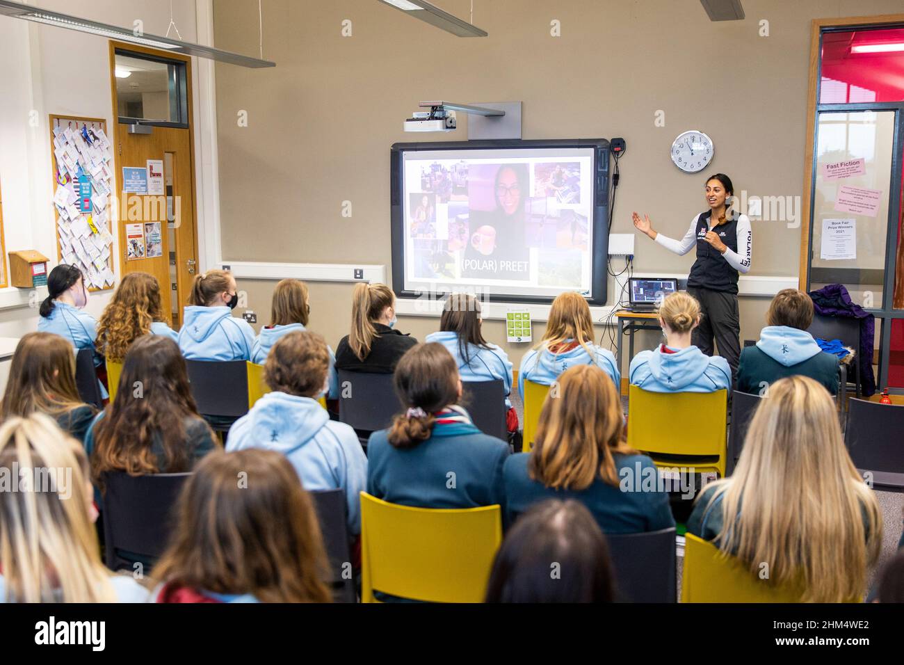 Preet Chandi, British physiotherapist and British Army medical officer, talks to students about her solo expedition across Antarctica, during her visit to Strathearn School in Belfast, Northern Ireland. Picture date: Monday February 7, 2022. Stock Photo