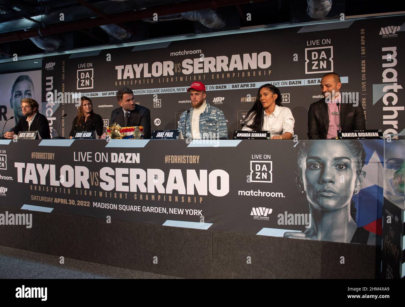 (left) to (right) Joseph Markowski EVP, DAZN, Katie Taylor undisputed World Lightweight champion, Eddie Hearn chairman, Matchroom Sport, Jake Paul co-founder of Most Valuable Promotions, professional boxer and content creator, Amanda Serrano seven-weight World champion and Nakisa Bidarian co-founder of Most Valuable Promotions during the press conference ahead of the Katie Taylor v Amanda Serrano fight at Madison Square Gardens in April 2022, at Landing Forty Two, The Leadenhall Building, England on the 7 February 2022. Photo by Alan Stanford. Stock Photo