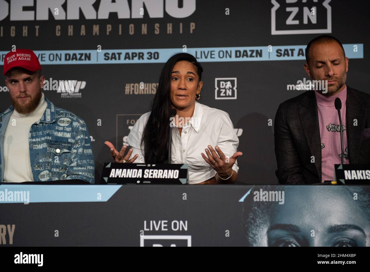 The Leadenhall Building, UK. 07th Feb, 2022. (left) to (right) Jake Paul co-founder of Most Valuable Promotions, professional boxer and content creator, Amanda Serrano seven-weight World champion and Nakisa Bidarian co-founder of Most Valuable Promotions during the press conference ahead of the Katie Taylor v Amanda Serrano fight at Madison Square Gardens in April 2022, at Landing Forty Two, The Leadenhall Building, England on the 7 February 2022. Photo by Alan Stanford. Credit: PRiME Media Images/Alamy Live News Stock Photo
