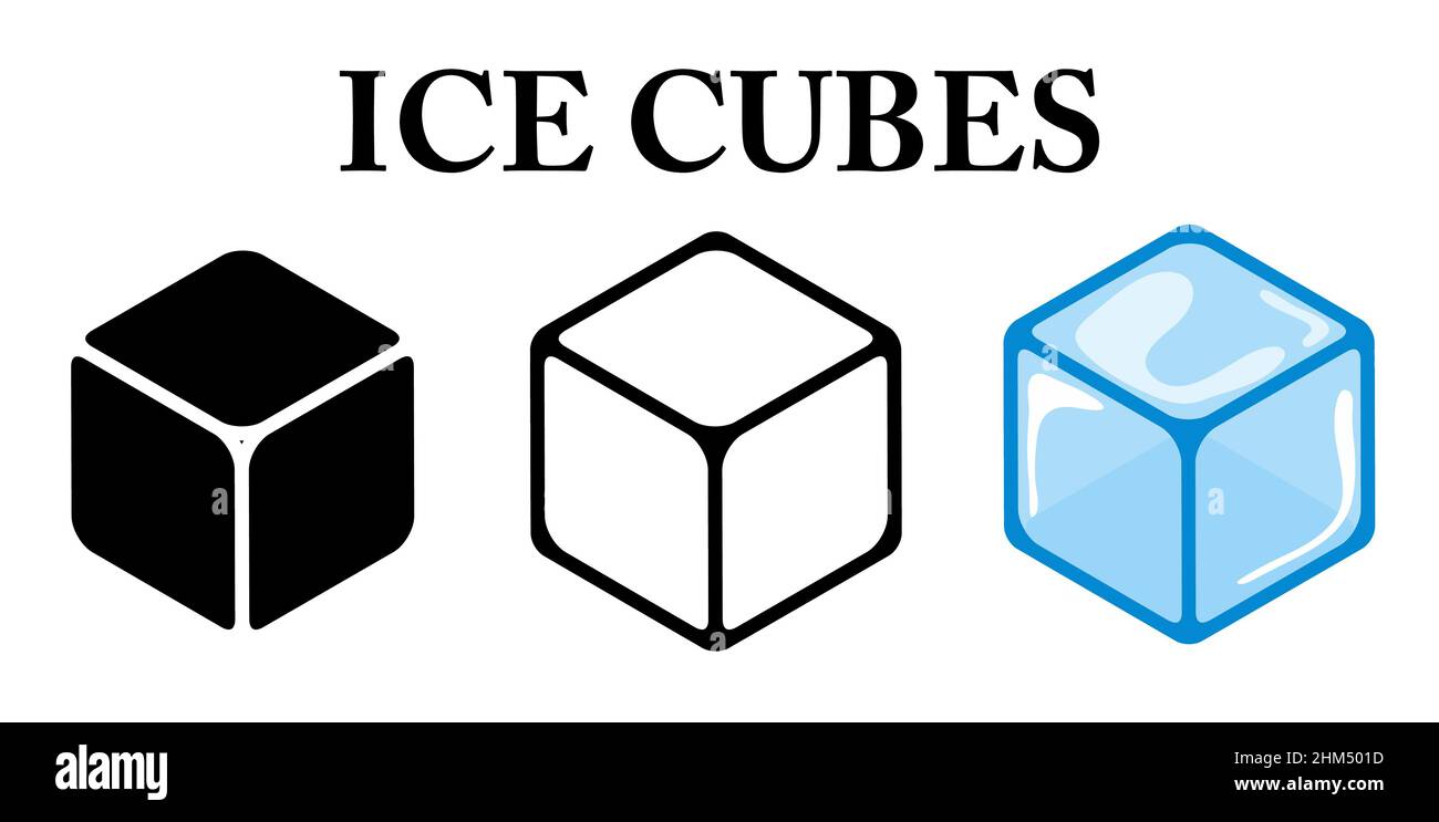 Ice cube icon collection. Cartoon silhouette and outline design. Simple Vector illustration isolated on white background. Stock Vector