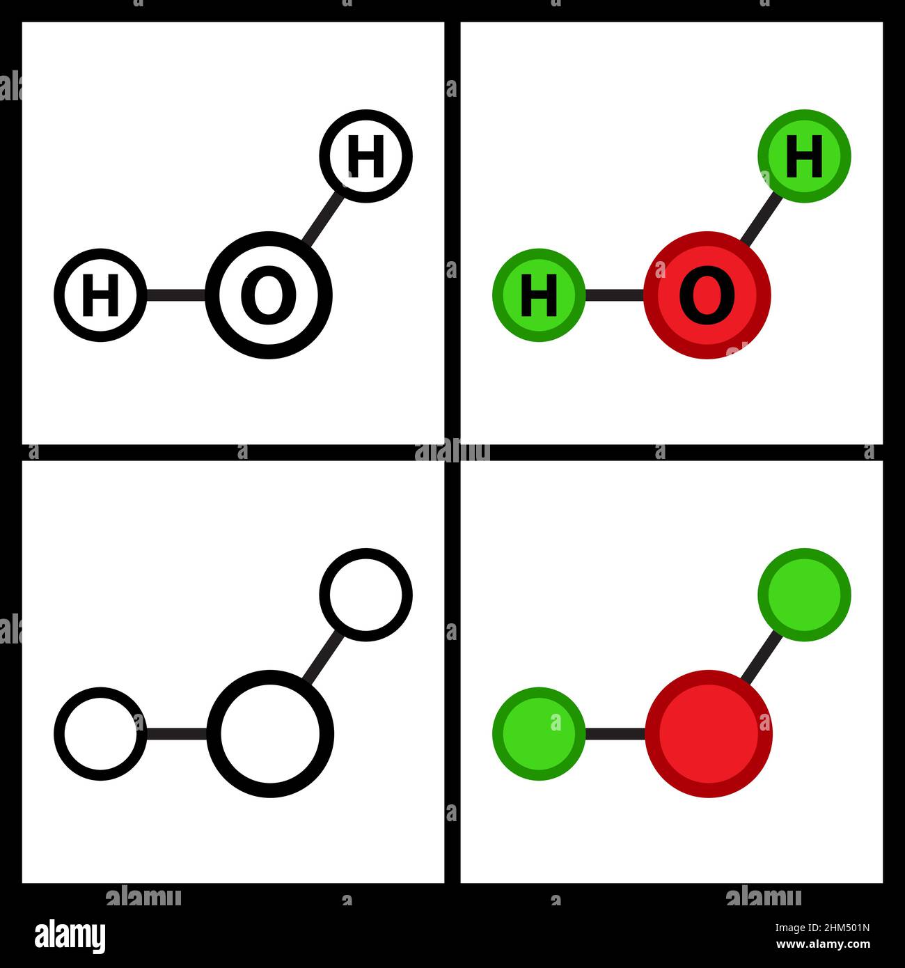 h2o water molecule structure. Liquid aqua atom formula. Vector illustration isolated on white background. Stock Vector