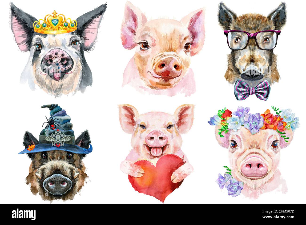 Watercolor illustration of pigs in wreath of peonies, glasses, witch hat, golden crown, with red heart Stock Photo