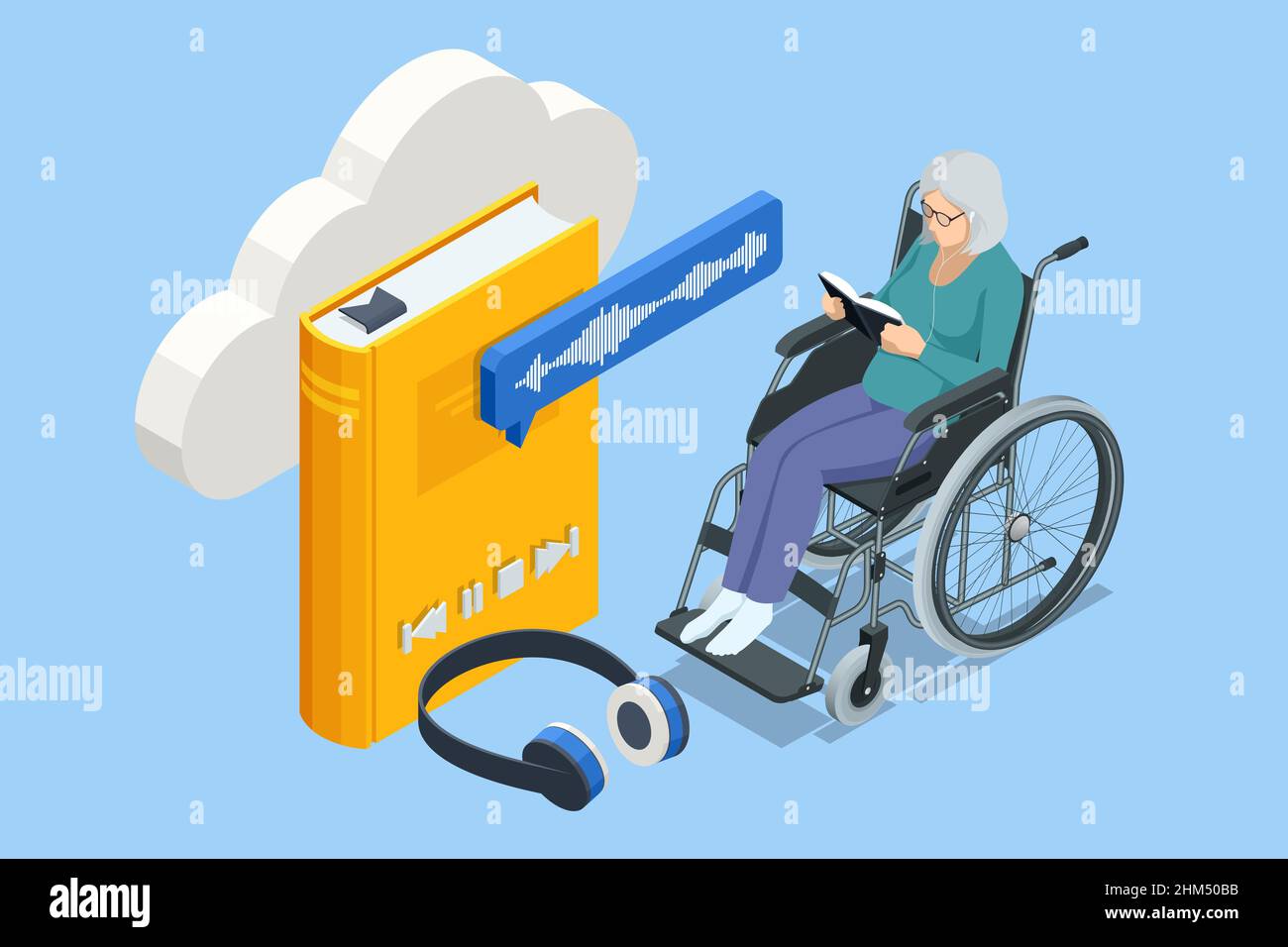 Isometric old woman, pensioner in headphones listening to audiobook. Modern interface for e-books. UI, UX and GUI Screens. Grandmother enjoying Stock Vector