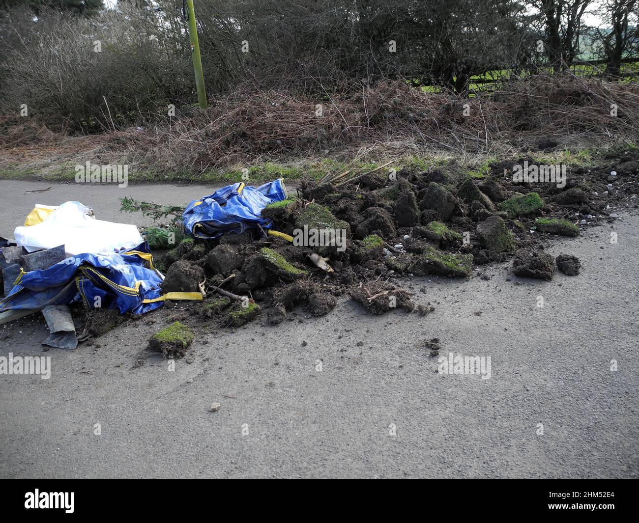 Close view of fly tipped garden rubbish across a public right of way Stock Photo