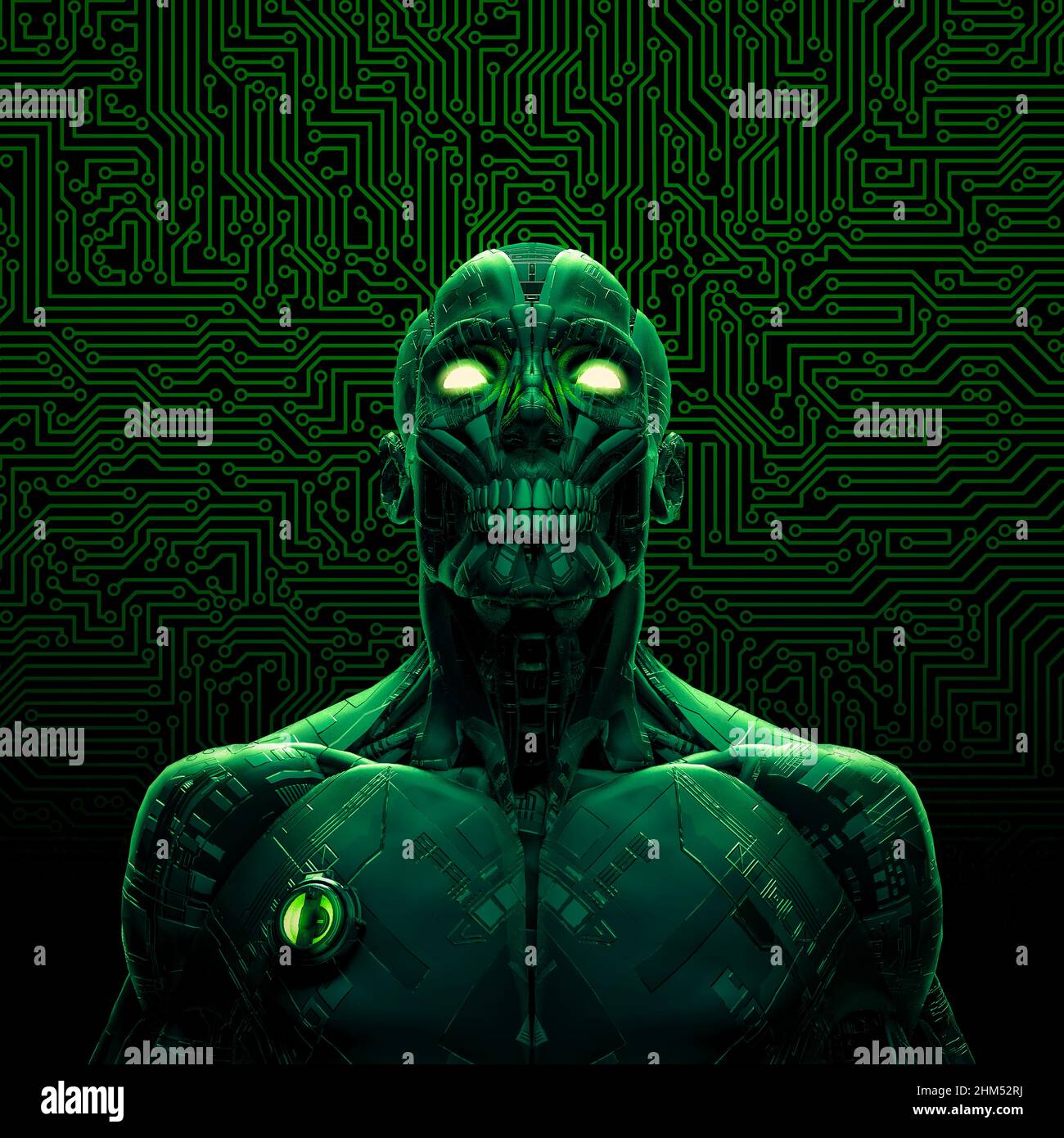 Zombie cyborg artificial intelligence - 3D illustration of dark green humanoid alien robot with computer circuit board background Stock Photo