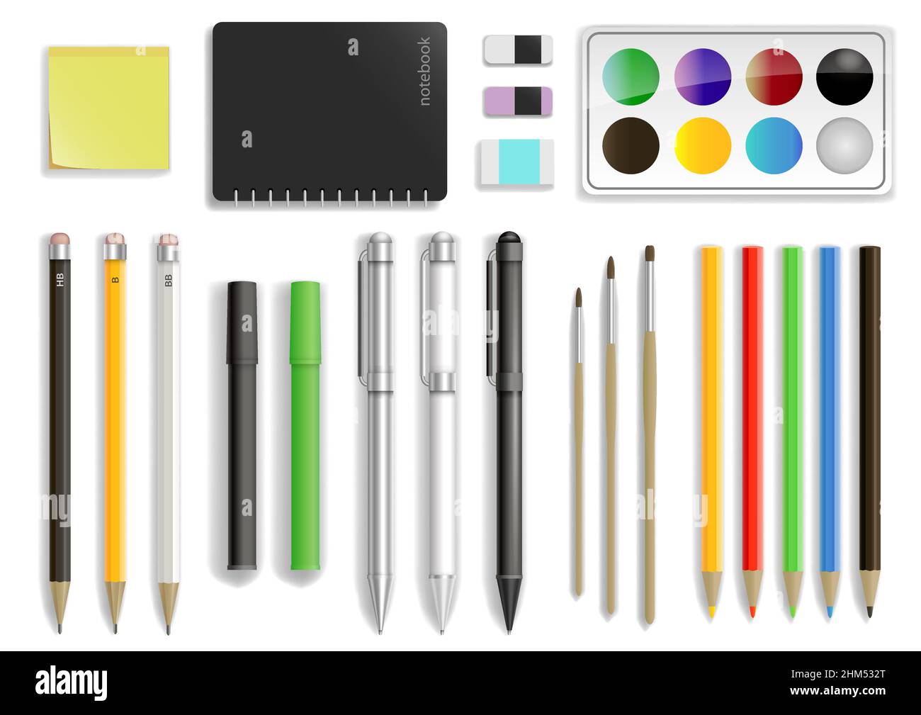 Set of different office supplies in vector. Pencils and pens, notepad