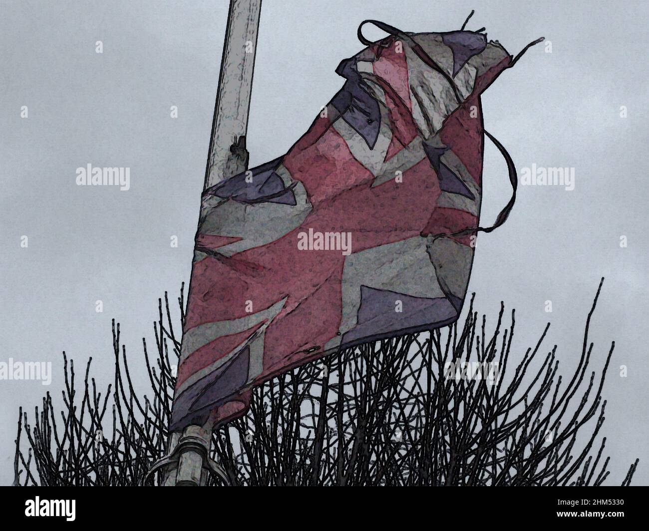 Concept art post Brexit Britain tattered faded Union Jack flag against a backdrop of thorns & grey sky Corruption, loss of international respect/pride Stock Photo