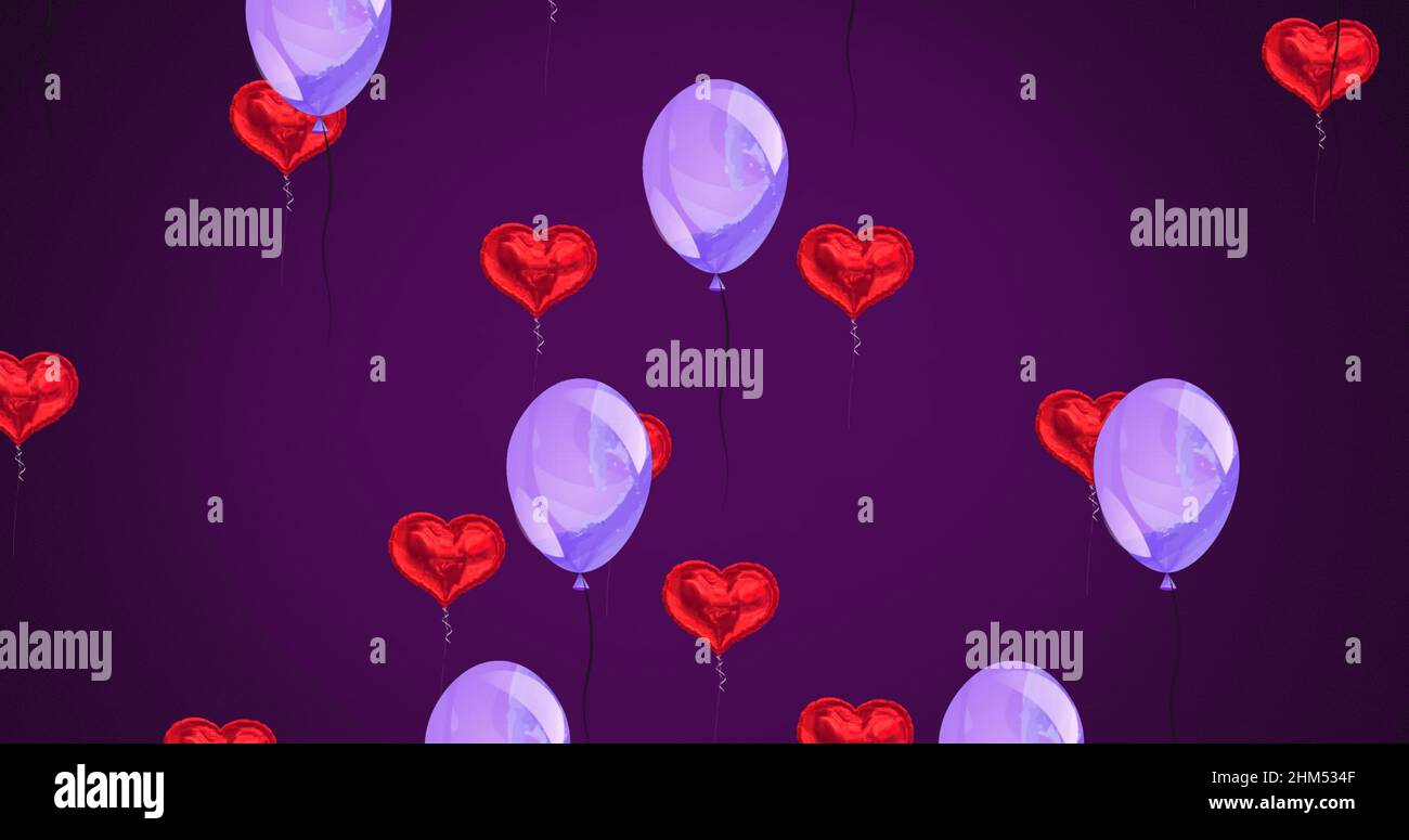 Image of hearts and balloons on purple background Stock Photo
