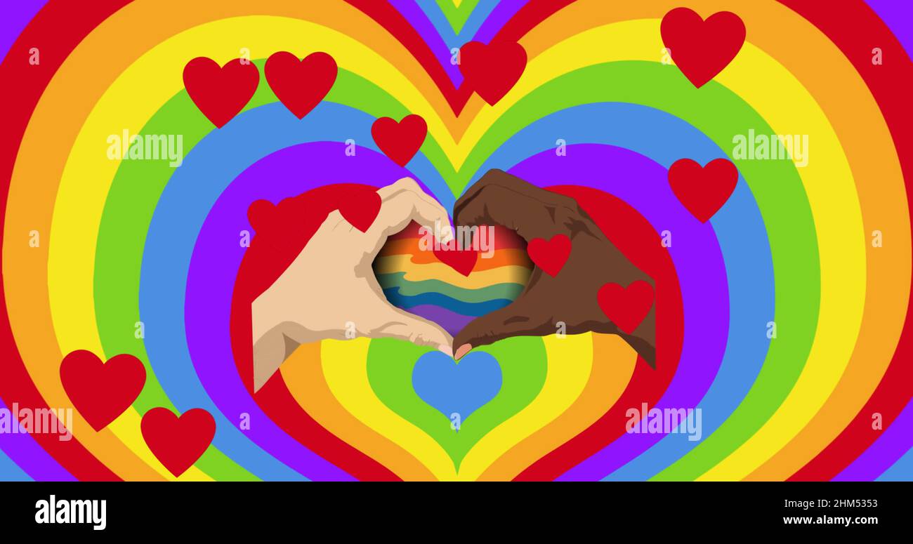 Image of hearts and diverse hands over rainbow heart Stock Photo - Alamy