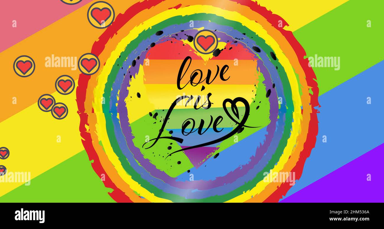 Image of love is love text and hearts with rainbow background Stock