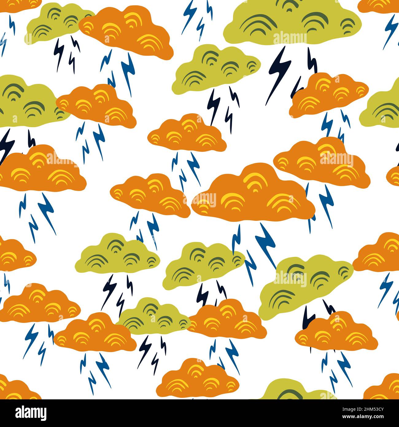 Clouds with lightning of seamless pattern. Cute hand drawn background ...