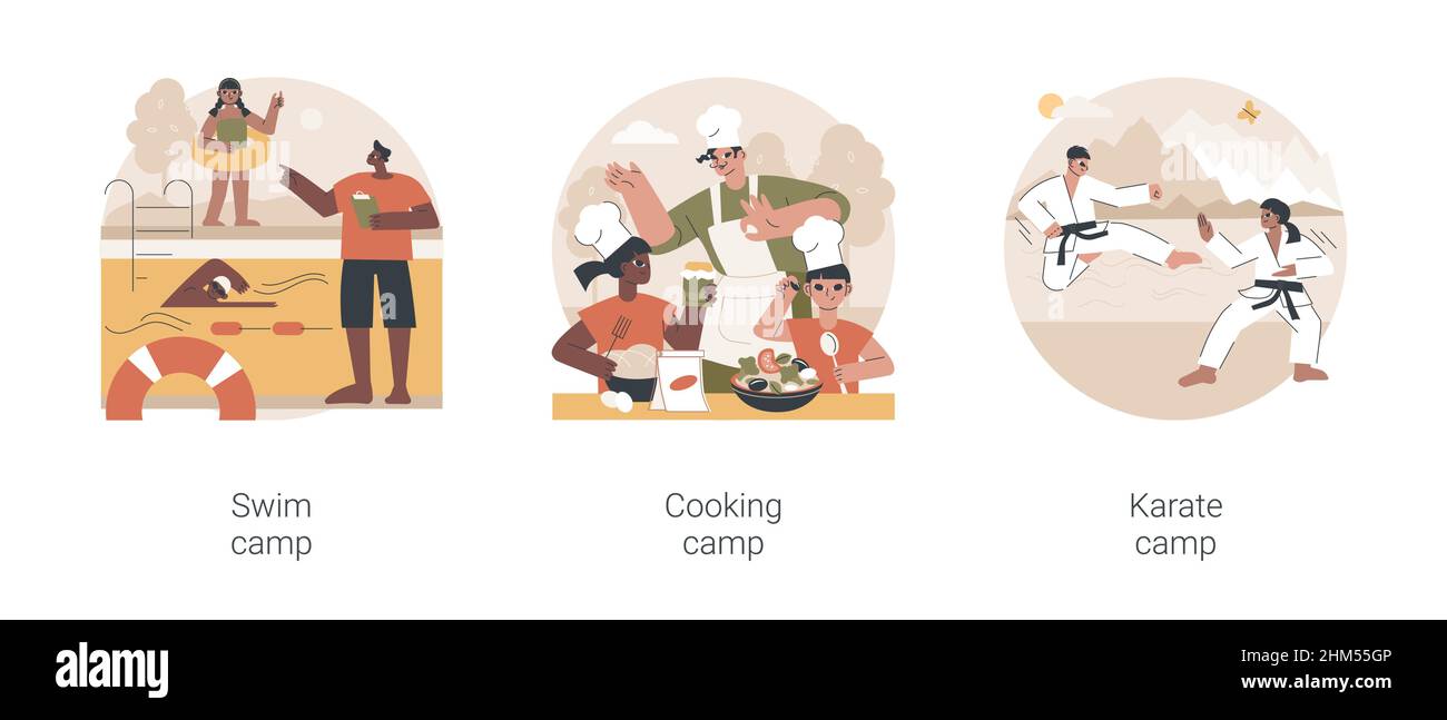 Summer programs for kids abstract concept vector illustration set. Swim