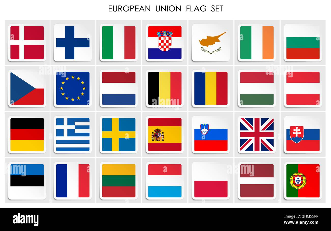 set of EUROPEAN UNION flags icon on paper square sticker with shadow. Button for mobile application or web. Vector Stock Vector